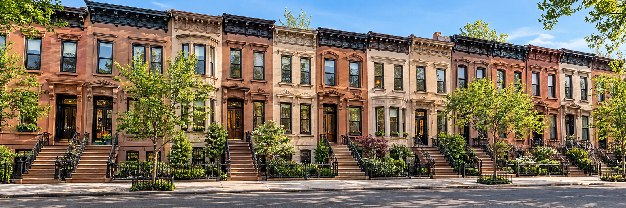 Illustrative Brooklyn-style row houses in spring sunlight